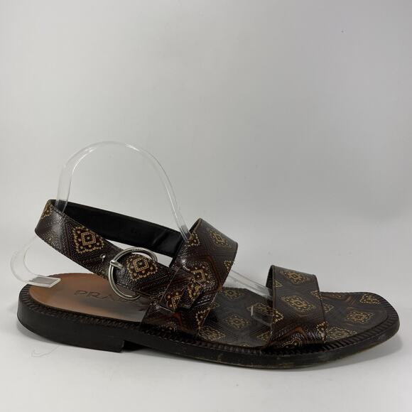 Prada Open Toe Strappy Resort Sandals Mens Size 9.5 Slingback Brown Leather Logo - Picture 1 of 9
